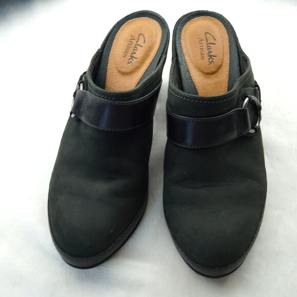 Clarks Artisan Black Leather Mule Heels 7M Buckle Slip-On Comfort Block Heel - Picture 6 of 10